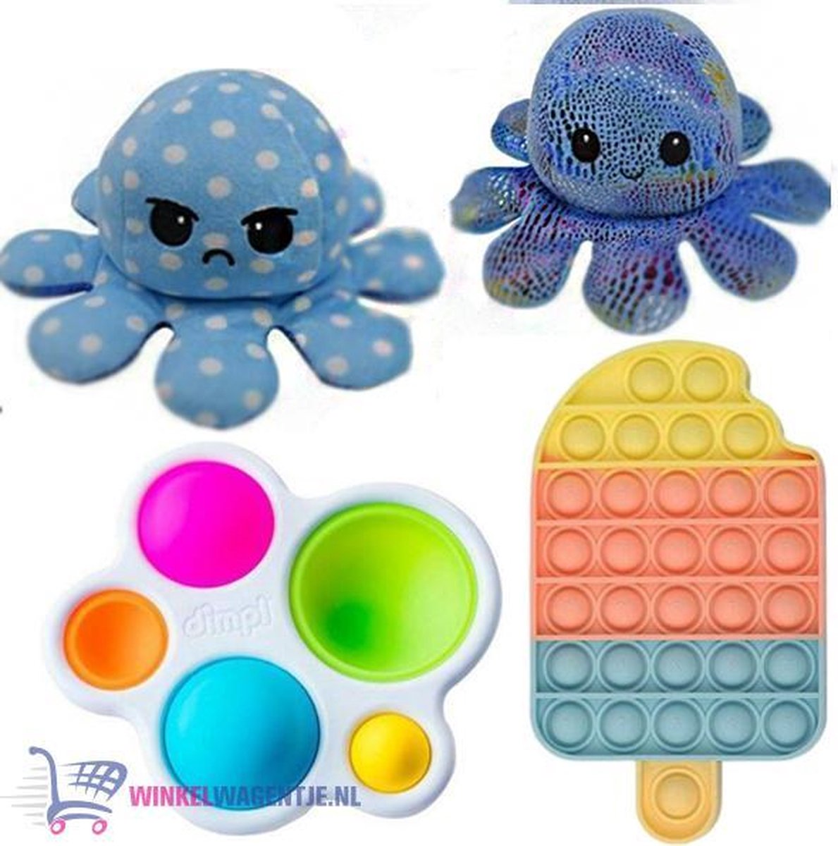 Pop It Fidget Toy IJsje + Simple Dimple + Octopus Mood Knuffel (Blauw Shiny)  | pop it fidget toy goedkoop, fidget toy, fidget toys pakket, fidget toys pop it, fidget toys stressbal, speelgoed voor kinderen, TikTok